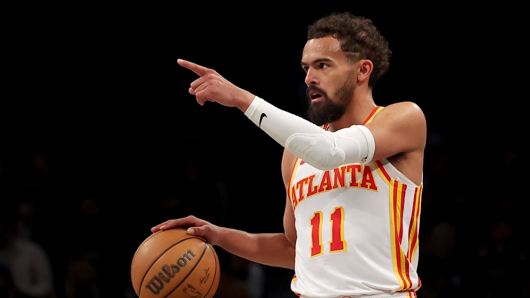Apr 10, 2025; Brooklyn, New York, USA; Atlanta Hawks guard Trae Young (11) controls the ball against the Brooklyn Nets during the third quarter at Barclays Center. Mandatory Credit: Brad Penner-Imagn Images