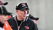 Nov 29, 2025; Pullman, Washington, USA; Oregon State Beavers interim head coach Robb Akey against the Washington State Cougars in the first half at Gesa Field at Martin Stadium. Mandatory Credit: James Snook-Imagn Images