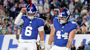 Oct 9, 2025; East Rutherford, New Jersey, USA; New York Giants quarterback Jaxson Dart (6) and running back Cam Skattebo (44) celebrate Skattebo's touchdown against the Philadelphia Eagles during the second quarter at MetLife Stadium. Mandatory Credit: Brad Penner-Imagn Images