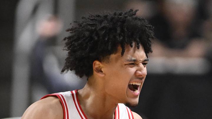 Arizona Wildcats guard Brayden Burries (5) reacts after a play against the Arkansas Razorbacks in the first half during a Sweet Sixteen game of the West Regional of the men's 2026 NCAA Tournament at SAP Center on March 26, 2026.