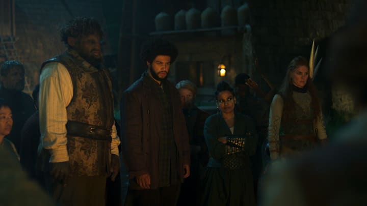 Hammed Animashaun (Loial), Marcus Rutherford (Perrin Aybara), Priyanka Bose (Alanna Mosvani) in The Wheel of Time season 3.