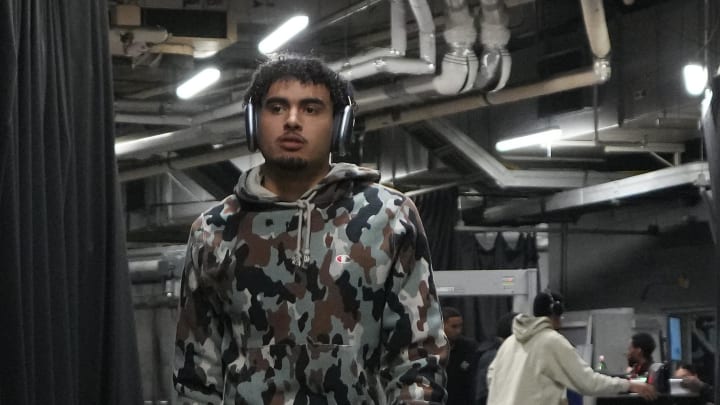 Oct 30, 2023; Toronto, Ontario, CAN; Portland Trail Blazers forward Justin Minaya (24) arrives at the Scotiabank Arena before a game against the Toronto Raptors. Mandatory Credit: Nick Turchiaro-USA TODAY Sports