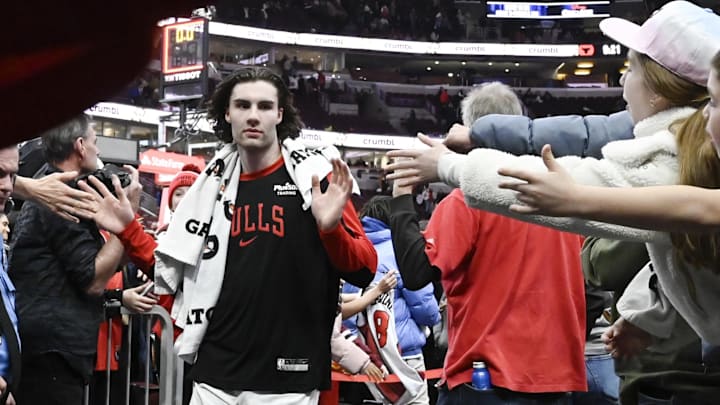 Dec 2, 2024; Chicago, Illinois, USA;  Chicago Bulls guard Josh Giddey (3) greets fans after the second half against the Brooklyn Nets