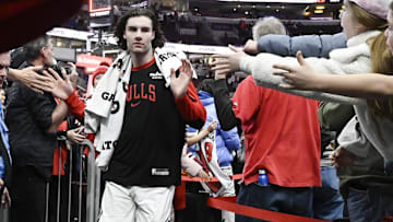 Dec 2, 2024; Chicago, Illinois, USA;  Chicago Bulls guard Josh Giddey (3) greets fans after the second half against the Brooklyn Nets at the United Center. Mandatory Credit: Matt Marton-Imagn Images