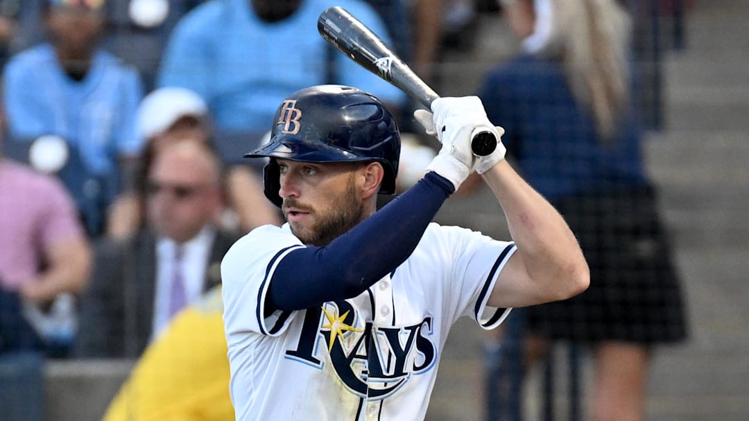 Apr 15, 2025; St. Petersburg, Florida, USA; Tampa Bay Rays second baseman Brandon Lowe (8) bats in the first inning against the Boston Red Sox at George M. Steinbrenner Field.