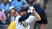 Apr 15, 2025; St. Petersburg, Florida, USA; Tampa Bay Rays second baseman Brandon Lowe (8) bats in the first inning against the Boston Red Sox at George M. Steinbrenner Field.