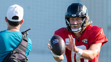 Jacksonville Jaguars quarterback Trevor Lawrence (16) takes a snap during the Jaguars 14th NFL training camp session at Miller Electric Center Tuesday August 12, 2025 in Jacksonville, Fla. The Jaguars travel to New Orleans to play the Saints this Sunday in their second preseason game. [Doug Engle/Florida Times-Union]