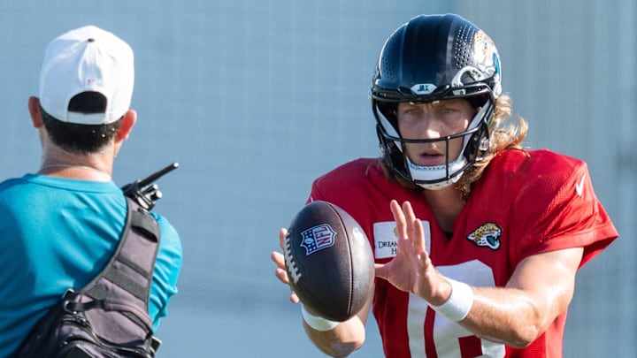 Jacksonville Jaguars quarterback Trevor Lawrence (16) takes a snap during the Jaguars 14th NFL training camp session at Miller Electric Center Tuesday August 12, 2025 in Jacksonville, Fla. The Jaguars travel to New Orleans to play the Saints this Sunday in their second preseason game. [Doug Engle/Florida Times-Union]