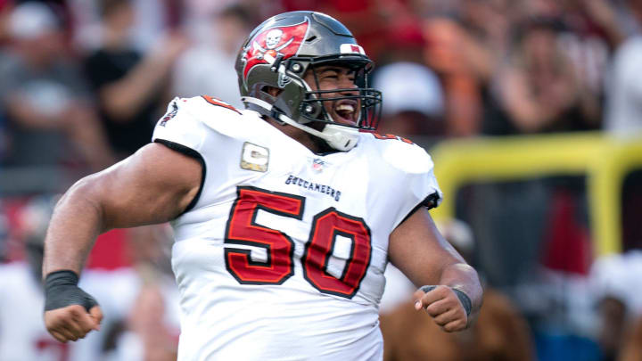 Tampa Bay Buccaneers defensive tackle Vita Vea (50) celebrates a sack of Tennessee Titans quarterback Will Levis (8) during their game at Raymond James Stadium in Tampa, Fla., Sunday, Nov. 12, 2023.