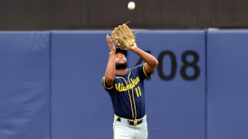 May 10, 2025; St. Petersburg, Florida, USA; Milwaukee Brewers outfielder Jackson Chourio (11) catches a fly ball during the second inning against the Tampa Bay Rays  at George M. Steinbrenner Field. Mandatory Credit: Kim Klement Neitzel-Imagn Images