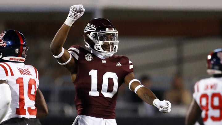 Mississippi State Bulldogs defensive back Corey Ellington reacts after a defensive stop during the first half against the Mississippi Rebels at Davis Wade Stadium at Scott Field. 