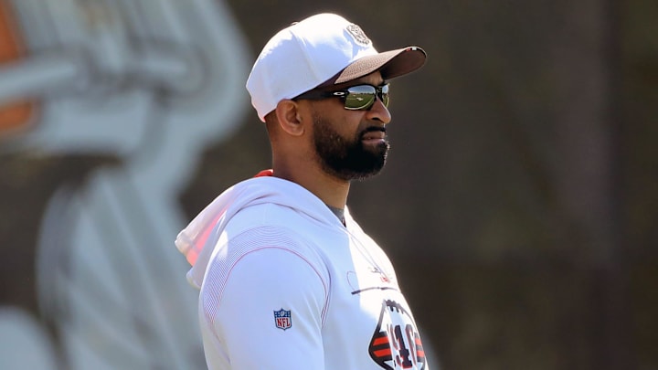 Cleveland Browns general manager Andrew Berry watches practice during NFL rookie minicamp at the Cleveland Browns training facility on Friday, May 9, 2025, in Berea, Ohio.