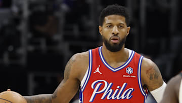 Feb 7, 2025; Detroit, Michigan, USA;  Philadelphia 76ers forward Paul George (8) dribbles the ball against the Detroit Pistons in the first half at Little Caesars Arena. Mandatory Credit: Rick Osentoski-Imagn Images