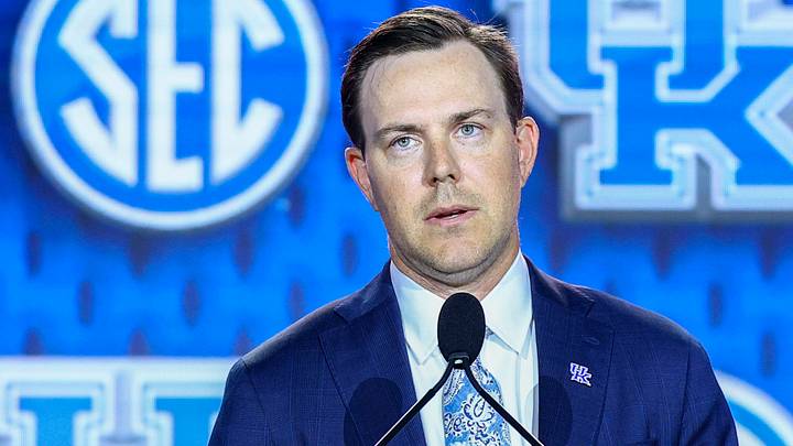Jul 20, 2026; Tampa, FL, USA; Kentucky Wildcats head coach Will Stein speaks to the press during SEC Football Kickoff Media Day at the Tampa Marriott. Mandatory Credit: Nathan Ray Seebeck-Imagn Images