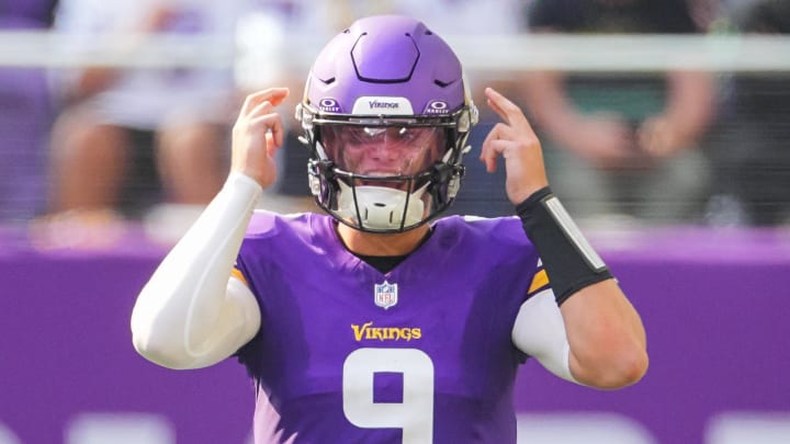 Aug 10, 2024; Minneapolis, Minnesota, USA; Minnesota Vikings quarterback J.J. McCarthy (9) under center against the Las Vegas Raiders in the third quarter at U.S. Bank Stadium. Mandatory Credit: Brad Rempel-USA TODAY Sports