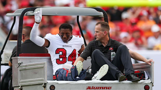 Tampa Bay Buccaneers cornerback Bryce Hall (34) is carted off the field against the Washington Commanders  