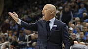 Jan 30, 2025; Los Angeles, California, USA;  UCLA Bruins head coach Mick Cronin reacts during the first half against the Oregon Ducks at Pauley Pavilion presented by Wescom. Mandatory Credit: Alex Gallardo-Imagn Images