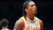 Tennessee guard Zakai Zeigler (5) celebrates during the Sweet 16 game against Kentucky in the NCAA college basketball tournament on Friday, March 28, 2025, in Indianapolis, IN.