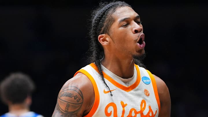 Tennessee guard Zakai Zeigler (5) celebrates during the Sweet 16 game against Kentucky in the NCAA college basketball tournament on Friday, March 28, 2025, in Indianapolis, IN. Tennessee guard Zakai Zeigler (5) celebrates during the Sweet 16 game against Kentucky in the NCAA college basketball tournament on Friday, March 28, 2025, in Indianapolis, IN.