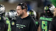 Oregon head coach Dan Lanning as the Oregon Ducks host the Wisconsin Badgers on Oct. 25, 2025, at Autzen Stadium in Eugene, Oregon.