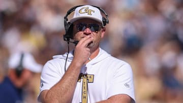 Oct 25, 2025; Atlanta, Georgia, USA; Georgia Tech Yellow Jackets head coach Brent Key on the sideline against the Syracuse Orange in the second quarter at Bobby Dodd Stadium at Hyundai Field. Mandatory Credit: Brett Davis-Imagn Images