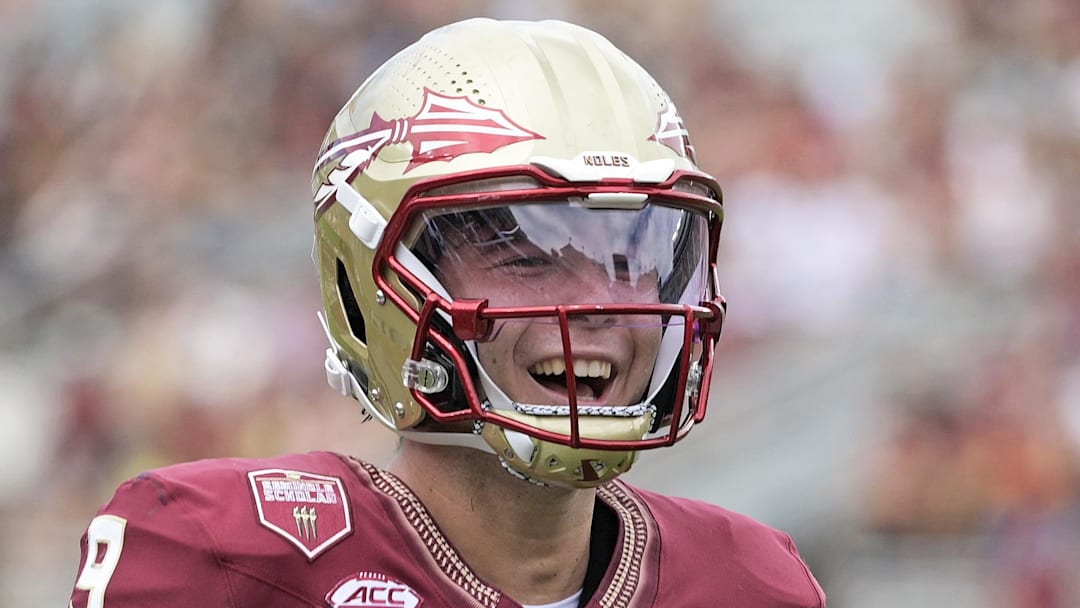 Sep 6, 2025; Tallahassee, Florida, USA; Florida State Seminoles quarterback Kevin Sperry celebrates after scoring a touchdown against the East Texas A&M Lions during the second half at Doak S. Campbell Stadium. Mandatory Credit: Melina Myers-Imagn Images