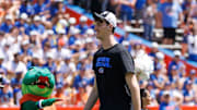 Apr 12, 2025; Gainesville, FL, USA; Florida Gators center Olivier Rioux (32) walks on the field during the National Championship celebration at Ben Hill Griffin Stadium. Mandatory Credit: Matt Pendleton-Imagn Images