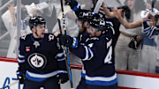 Winnipeg Jets center Cole Perfetti celebrates his goal against the St. Louis Blues with team mates in the third period in game seven of the first round of the 2025 Stanley Cup Playoffs at Canada Life Centre. 