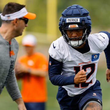 Denver Broncos wide receiver Tim Patrick (12) during training camp at Broncos Park Powered by CommonSpirit. 