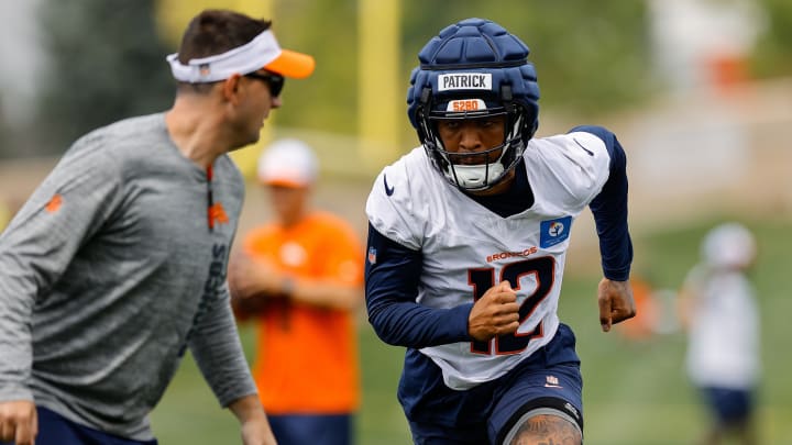 Denver Broncos wide receiver Tim Patrick (12) during training camp at Broncos Park Powered by CommonSpirit. 