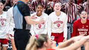 The Indiana Hoosiers bench celebrate an early charging call Friday, March 7, 2025, against the USC Trojans during the Big Ten women's tournament at Gainbridge Fieldhouse in Indianapolis. Sharnecce Currie-Jelks (left) and Henna Sandvik (right) are prominently featured in the photo.
