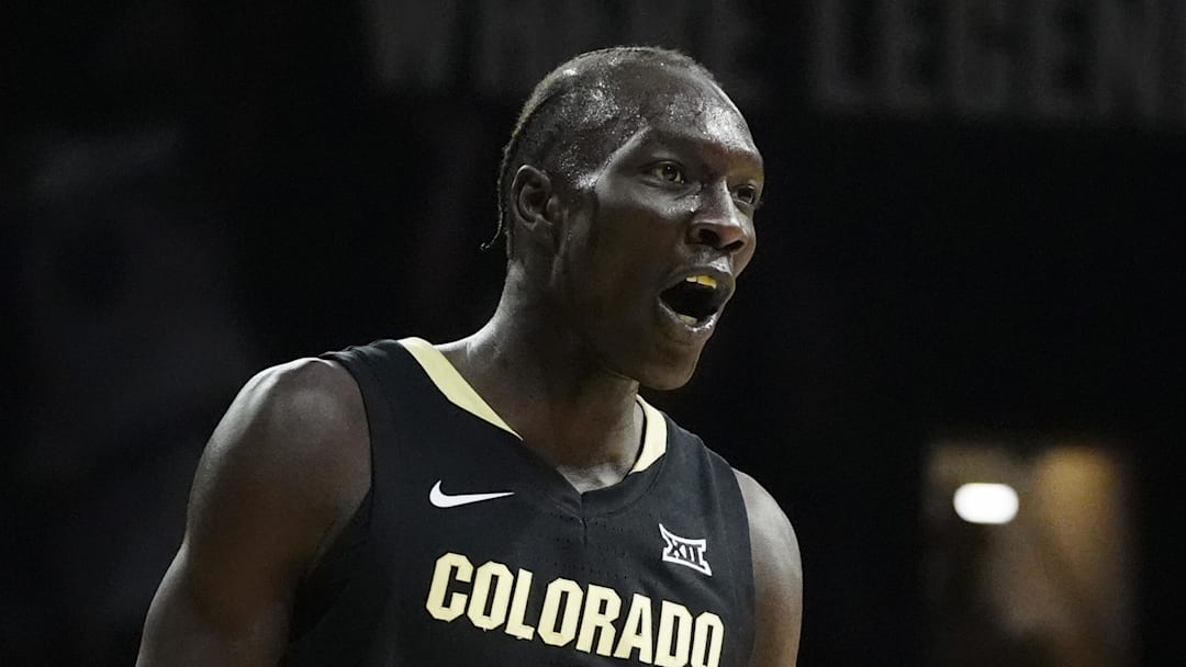 Feb 24, 2025; Boulder, Colorado, USA; Colorado Buffaloes forward Bangot Dak (8) reacts in the second half against the Kansas Jayhawks at the CU Events Center.