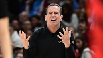 Mar 2, 2025; Cleveland, Ohio, USA; Cleveland Cavaliers head coach Kenny Atkinson reacts during the second half against the Portland Trail Blazers at Rocket Arena. Mandatory Credit: Ken Blaze-Imagn Images