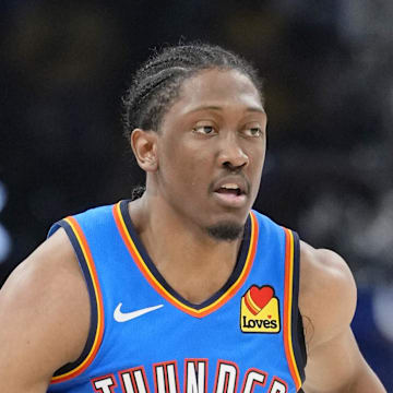 Jun 22, 2025; Oklahoma City, Oklahoma, USA; Oklahoma City Thunder forward Jalen Williams (8) dribbles the ball against the Indiana Pacers during the second half of game seven of the 2025 NBA Finals at Paycom Center. Mandatory Credit: Kyle Terada-Imagn Images