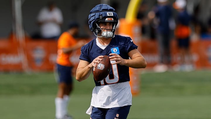 Jul 26, 2024; Englewood, CO, USA; Denver Broncos quarterback Bo Nix (10) during training camp at Broncos Park Powered by CommonSpirit. 