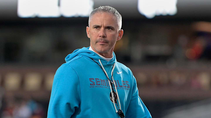 Nov 1, 2025; Tallahassee, Florida, USA; Florida State Seminoles head coach Mike Norvell looks on before the game against the Wake Forest Demon Deacons at Doak S. Campbell Stadium. Mandatory Credit: Melina Myers-Imagn Images