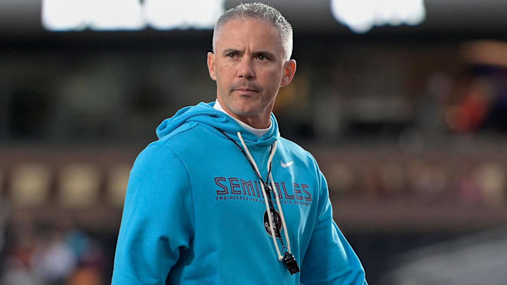 Nov 1, 2025; Tallahassee, Florida, USA; Florida State Seminoles head coach Mike Norvell looks on before the game against the Wake Forest Demon Deacons at Doak S. Campbell Stadium. Mandatory Credit: Melina Myers-Imagn Images