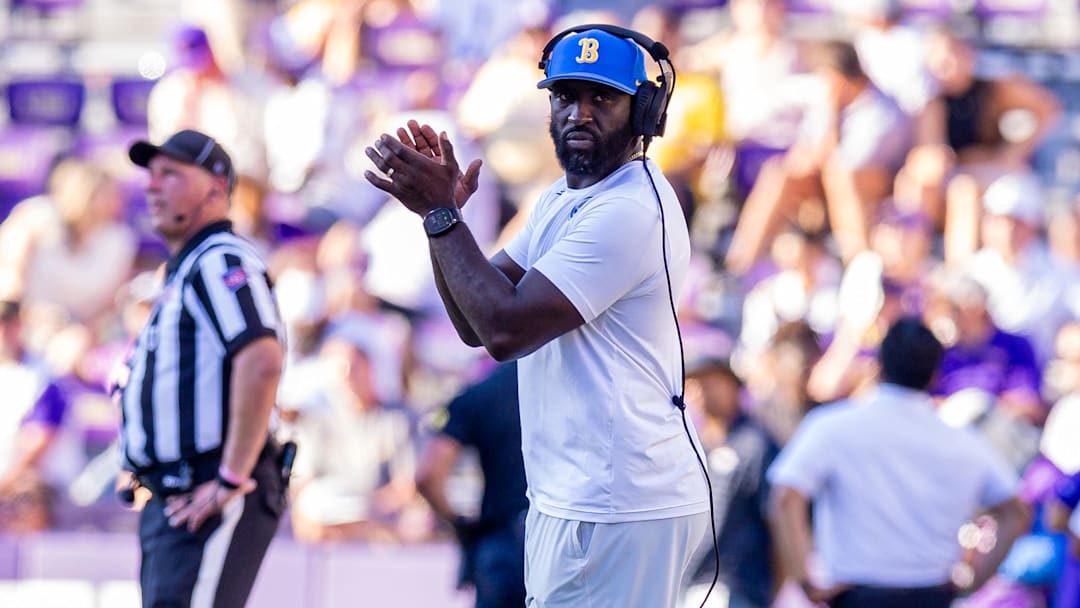 Sep 21, 2024; Baton Rouge, Louisiana, USA;  UCLA Bruins head coach DeShaun Foster looks on during the second half against the LSU Tigers at Tiger Stadium. Mandatory Credit: Stephen Lew-Imagn Images