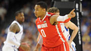 Mar 31, 2012; New Orleans, LA, USA; Ohio State Buckeyes forward Jared Sullinger (0) reacts during the first half in the semifinals of the 2012 NCAA men's basketball Final Four against the Kansas Jayhawks at the Mercedes-Benz Superdome. Mandatory Credit: Bob Donnan-USA TODAY Sports