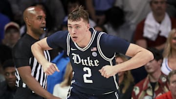 Jan 4, 2025; Dallas, Texas, USA;  Duke basketball guard Cooper Flagg (2) reacts after scoring during the second half against the Southern Methodist Mustangs at Moody Coliseum. 