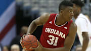 Indiana Hoosiers center Thomas Bryant holds the ball against the Wisconsin Badgers in the first half during the Big Ten Conference Tournament at Verizon Center.