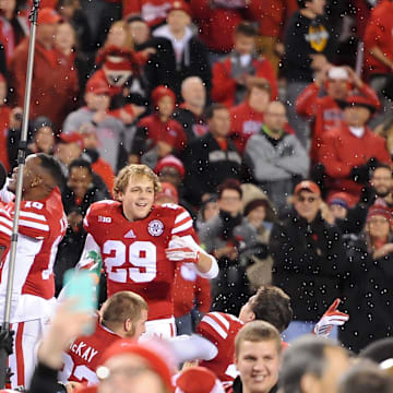 Nov 7, 2015; Lincoln, NE, USA; Nebraska Cornhuskers defensive back Joshua Kalu (10) celebrates with teammates after defeating the Michigan State Spartans 39-38 at sold-out Memorial Stadium. 