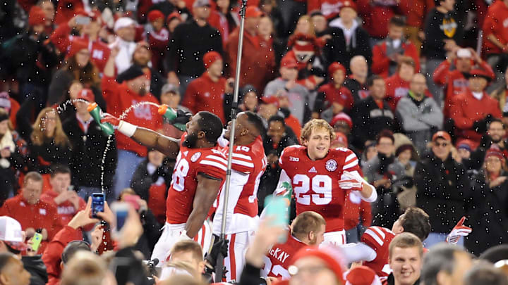 Nov 7, 2015; Lincoln, NE, USA; Nebraska Cornhuskers defensive back Joshua Kalu (10) celebrates with teammates after defeating the Michigan State Spartans 39-38 at sold-out Memorial Stadium. 