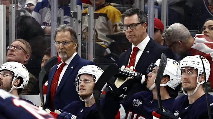 Feb 20, 2025; Boston, MA, USA; [Imagn Images direct customers only] United States coaches Mike Sullivan, right, and JohnTortorella during the 4 Nations Face-Off ice hockey championship game against Canada at TD Garden. Mandatory Credit: Winslow Townson-Imagn Images