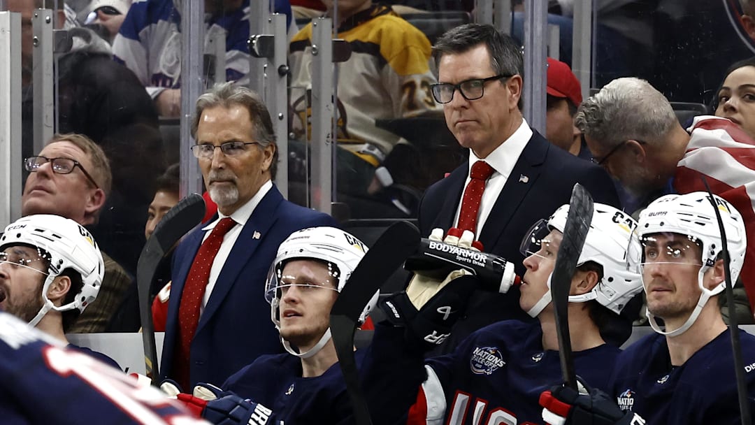 Feb 20, 2025; Boston, MA, USA; [Imagn Images direct customers only] United States coaches Mike Sullivan, right, and JohnTortorella during the 4 Nations Face-Off ice hockey championship game against Canada at TD Garden. Mandatory Credit: Winslow Townson-Imagn Images
