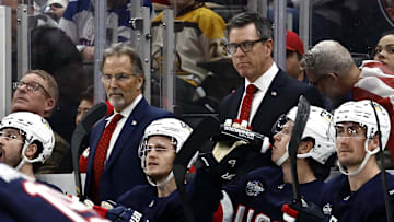 Feb 20, 2025; Boston, MA, USA; [Imagn Images direct customers only] United States coaches Mike Sullivan, right, and JohnTortorella during the 4 Nations Face-Off ice hockey championship game against Canada at TD Garden. Mandatory Credit: Winslow Townson-Imagn Images
