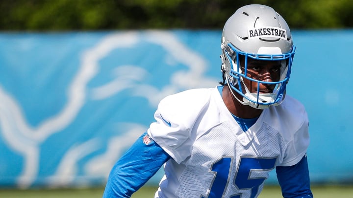 Detroit Lions cornerback Ennis Rakestraw Jr. (15) practices during rookie minicamp at Detroit Lions headquarters and practice facility in Allen Park on Friday, May 10, 2024.