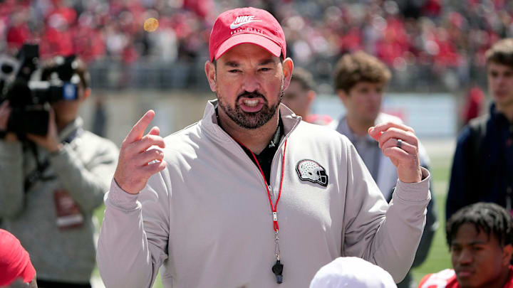 Ohio State Buckeye head coach Ryan Day addresses his team after the spring game at Ohio Stadium on April 12, 2025. Ohio State Buckeye head coach Ryan Day addresses his team after the spring game at Ohio Stadium on April 12, 2025.