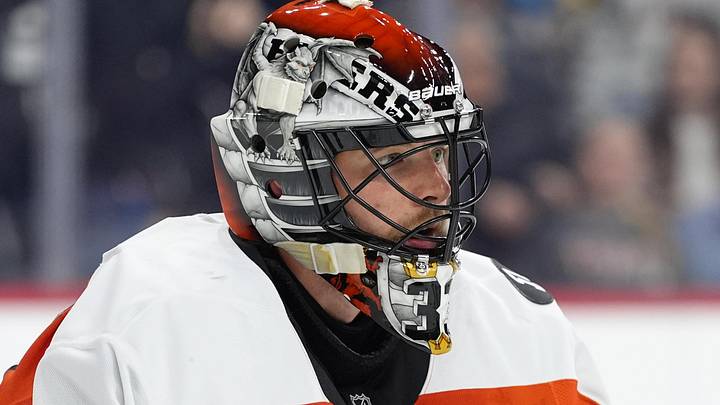 Mar 29, 2026; Philadelphia, Pennsylvania, USA; Philadelphia Flyers goalie Samuel Ersson (33) in action against the Dallas Stars in the third period at Xfinity Mobile Arena. Mandatory Credit: Kyle Ross-Imagn Images