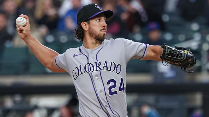Apr 24, 2026; New York City, New York, USA;  Colorado Rockies pitcher Michael Lorenzen (24) delivers a pitch during the first inning against the New York Mets at Citi Field. Mandatory Credit: Vincent Carchietta-Imagn Images